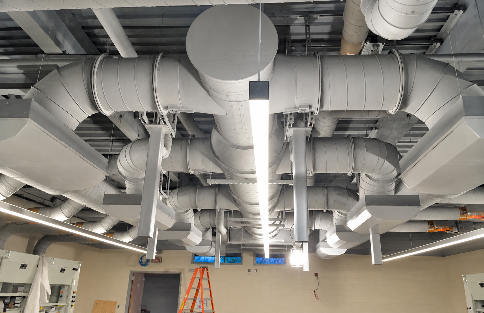 Interior spiral ductwork and branch connections
